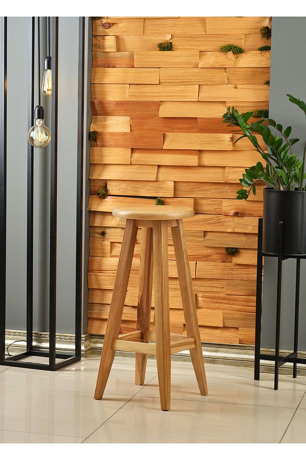 Şık Ve Dekoratif Ahşap Yüksek Yuvarlak Bar Taburesi 80 Cm - 1