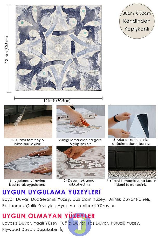 1adet Kendinden Yapışkanlı Modern Tasarımlı Mutfak Banyo Zemin Duvar Kaplama Pvc 30cm×30cm - 5