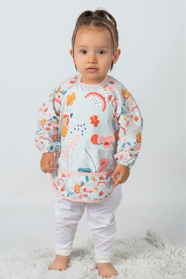 New Bird And Monkey Pattern Baby Food Bib With Sleeves Liquid Proof