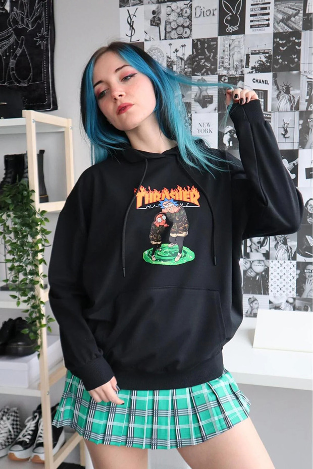 Y2K Harajuku Thrasher Pick Detail Oversize Hooded Tech Aesthetic Sweatshirt