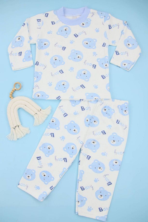Sevimli Ayıcık Desenli % 100 Pamuk 2'li Mavi Erkek Çocuk Pijama Takımı - 1