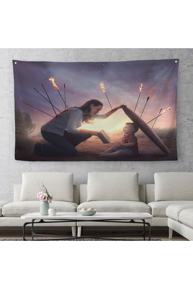 Mother Protecting Her Child with Knowledge Canvas Wall Cloth-Carpet, Library Poster-5411