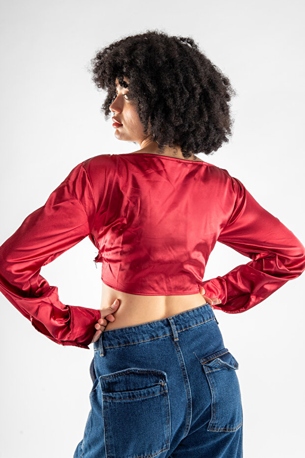Bağlamalı Basic Bordo Saten Bluz - 4