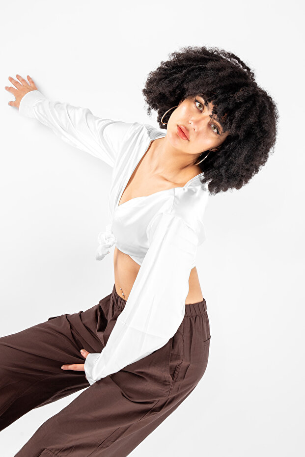 Bağlamalı Basic Beyaz Saten Bluz - 8