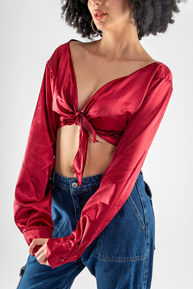 Bağlamalı Basic Bordo Saten Bluz - 6