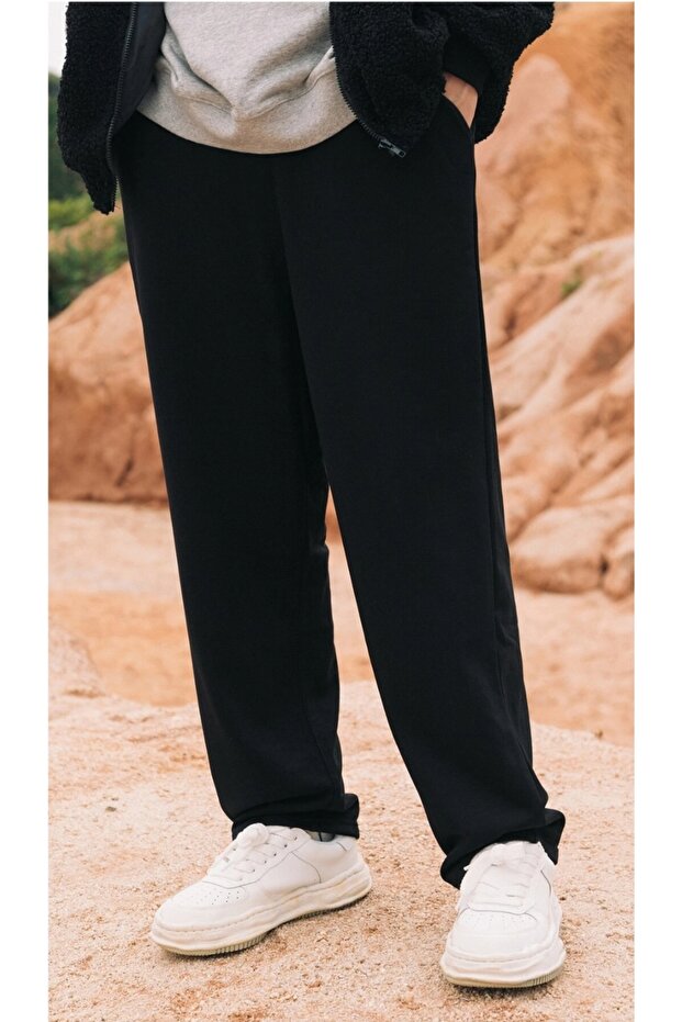 Men's Black Baggy 2 Thread Oversize Straight Leg Sweatpants