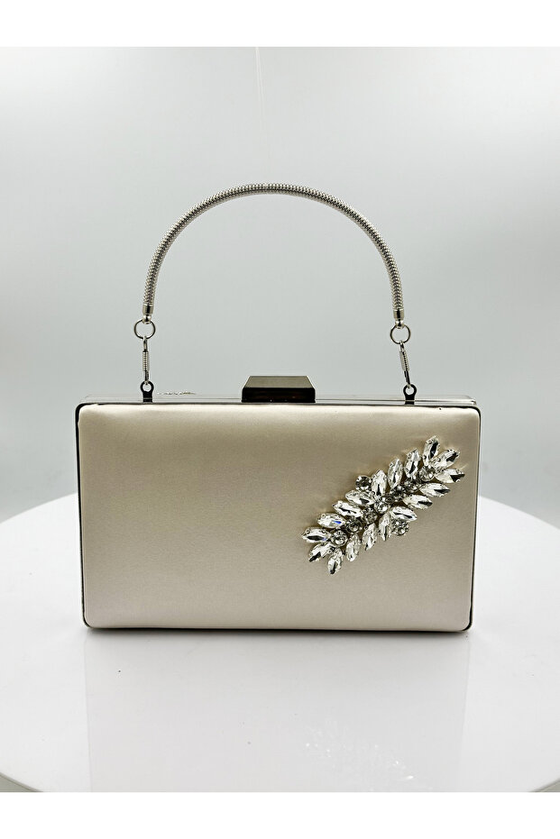 Nude Color Satin Silver Case Silver Stone Evening Bag Evening Bag Wedding Engagement Portfolio