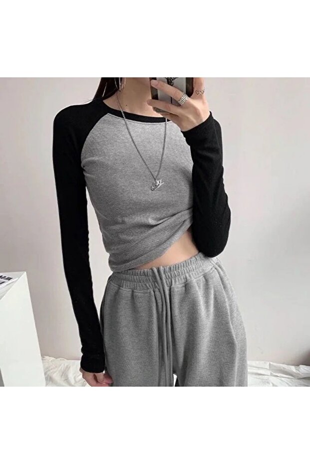 Siyah Raglan Kollu Gri Melanj Basic Crop Sweatshirt - 3