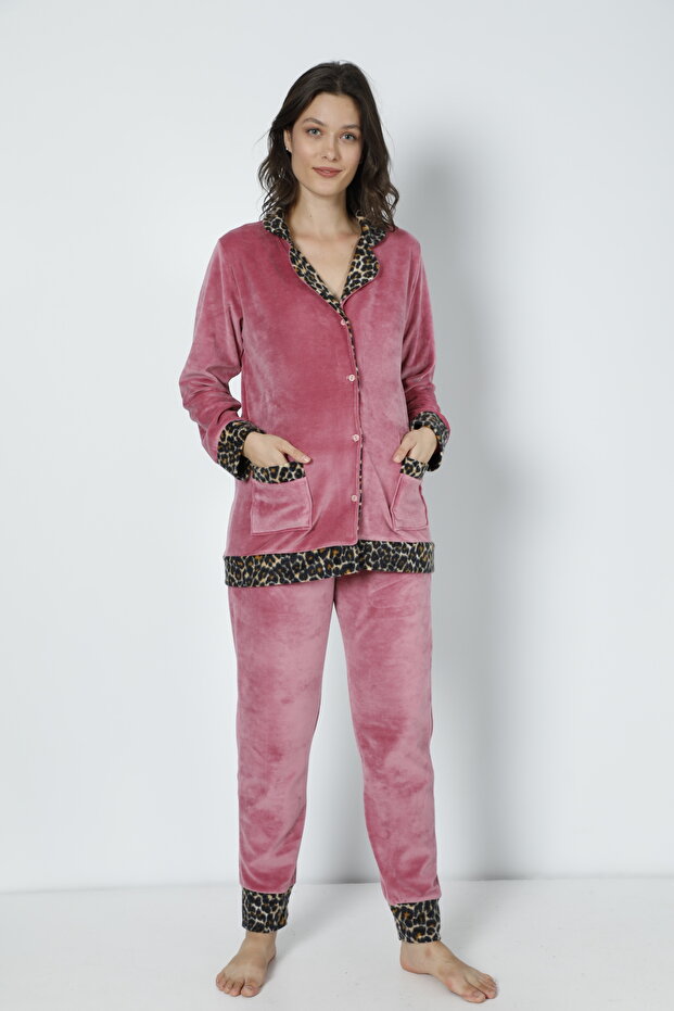 Dried Rose Front Buttoned Velvet Maternity and Maternity Pajamas Set