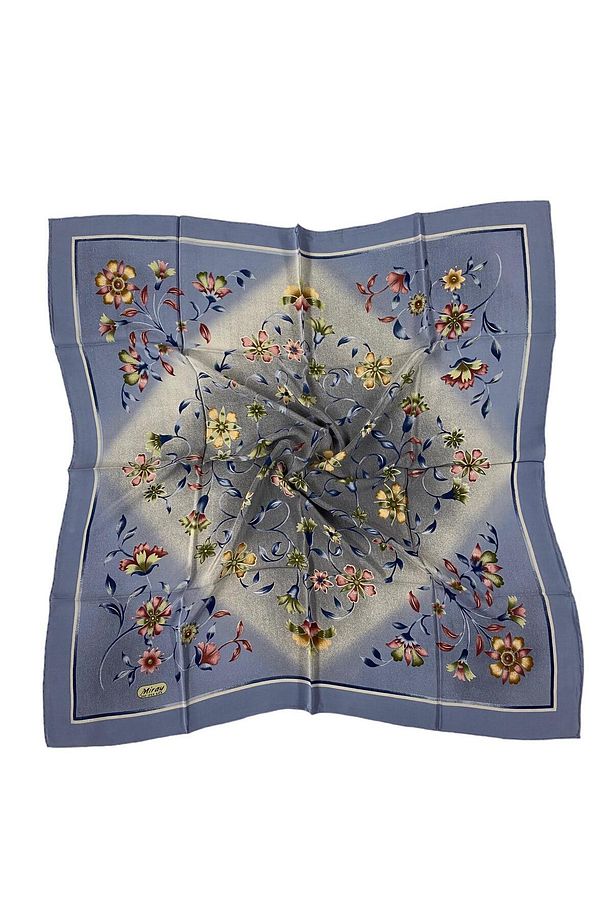 Miray %100 Saf İpek 90cm X 90cm Çiçek Desen Mavi Eşarp E-43 - 1