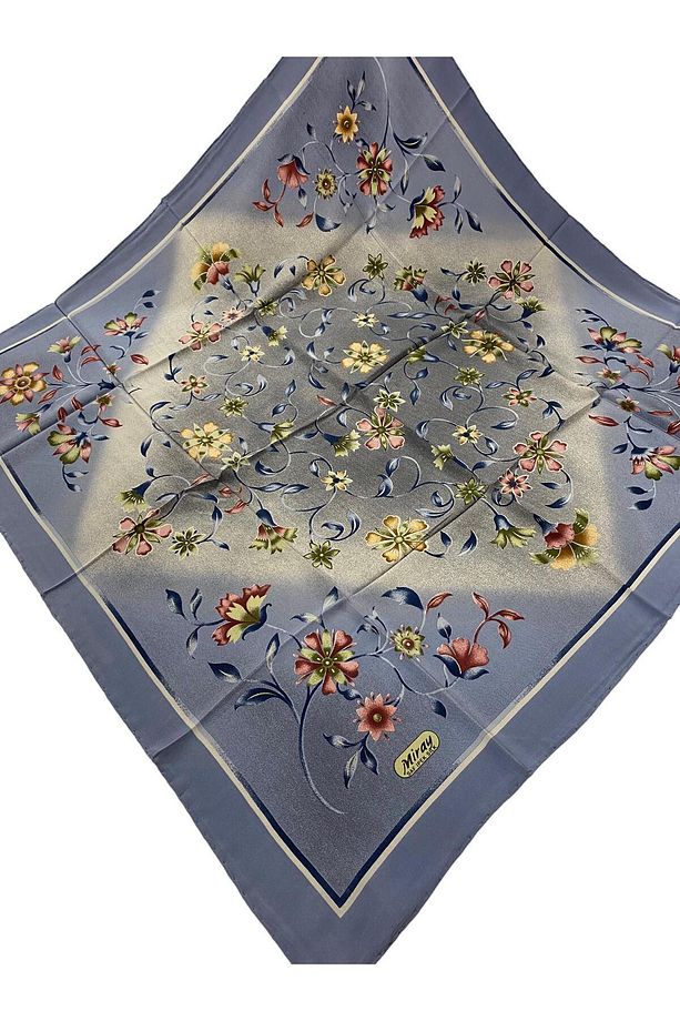 Miray %100 Saf İpek 90cm X 90cm Çiçek Desen Mavi Eşarp E-43 - 2