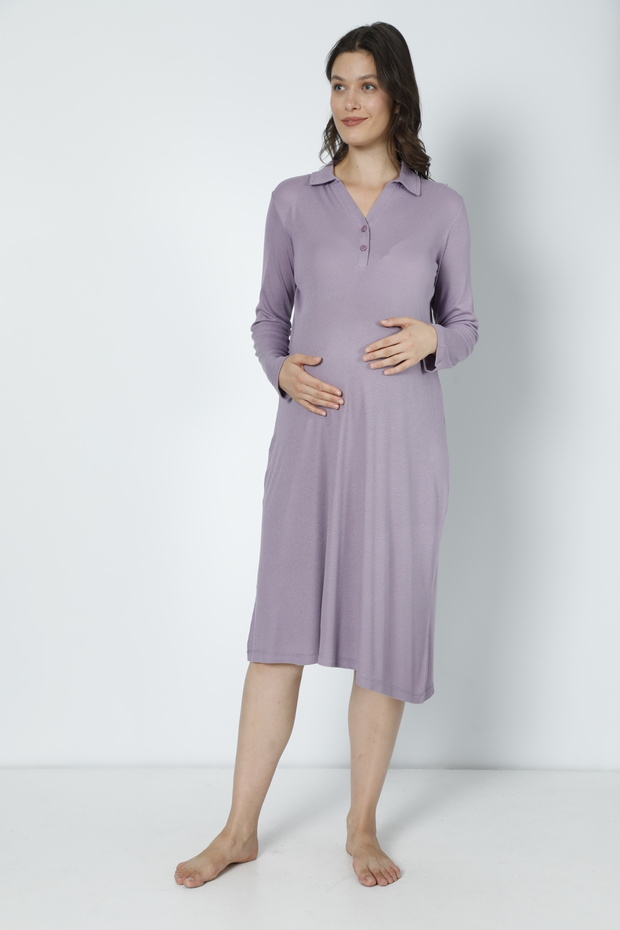 Lilac Cotton Fitted Knitted Fabric Maternity and Maternity Long Sleeve Nightgown