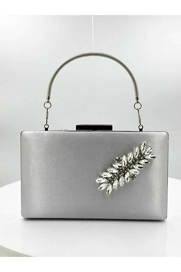Silver Gray Color Satin Silver Case Silver Stone Evening Bag Evening Bag Wedding Engagement Portfolio