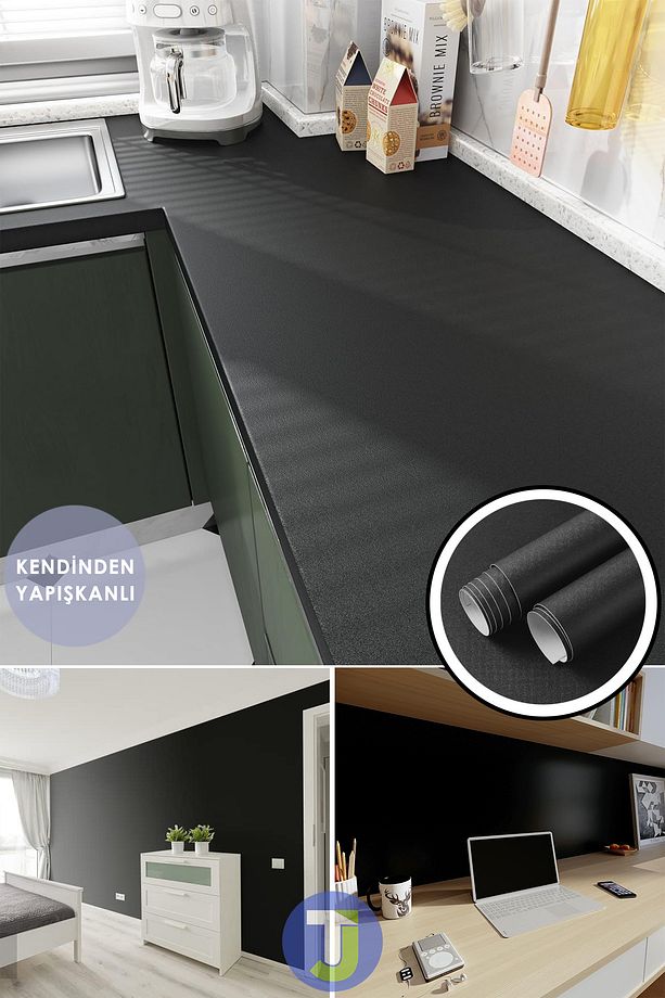 Kendinden Yapışkanlı Mat Siyah Mutfak Banyo Tezgah Duvar Dolap Ve Masa Kaplama 60cmx300cm - 5