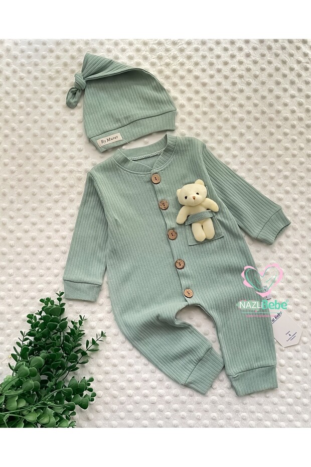 GREEN Ribbed Toy Cute Bear with Hat Baby Jumpsuit