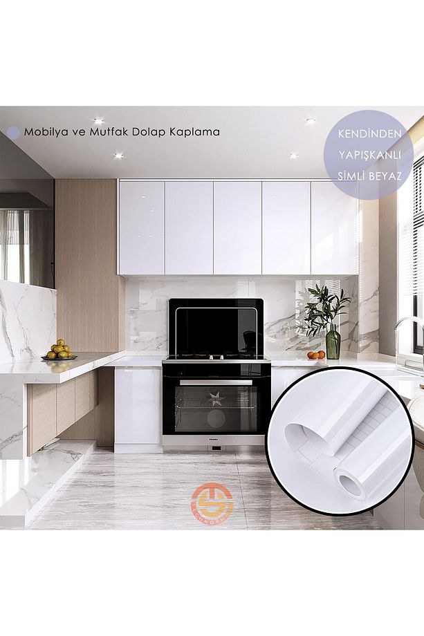 60cm×100cm Kendinden Yapışkanlı Simli Beyaz Duvar Kağıdı Mutfak Dolap Masa Kaplama - 1