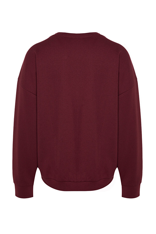 Bordo Bisiklet Yaka Oversize/Geniş Kesim Yumuşak Fırçalı Selanik Sweatshirt TMNAW24SW00057 - 8