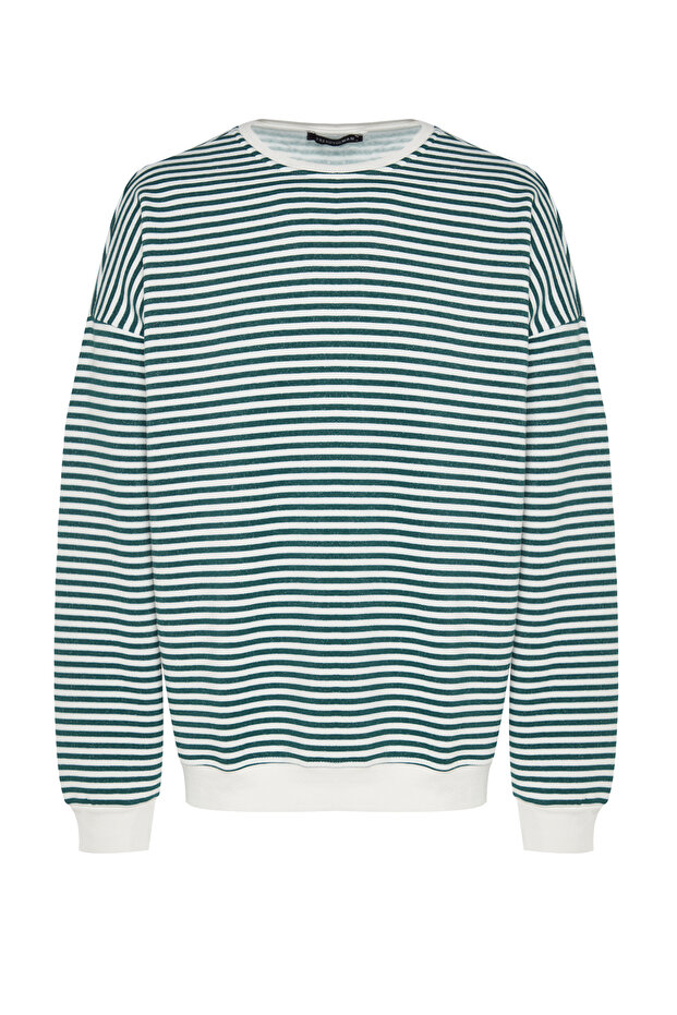 Yeşil Oversize/Geniş Kesim Çizgili İçi Polar/Sıcak Tutan Sweatshirt TMNAW24SW00065 - 5