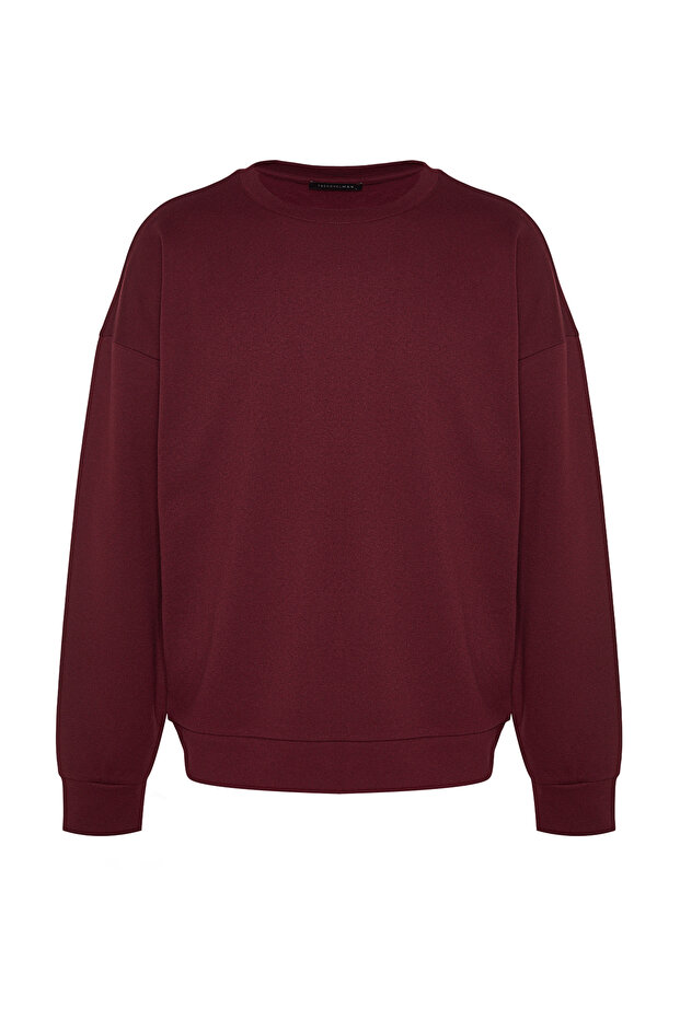 Bordo Bisiklet Yaka Oversize/Geniş Kesim Yumuşak Fırçalı Selanik Sweatshirt TMNAW24SW00057 - 7