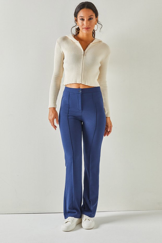 Women's Navy Blue Stitching Detailed Lightweight Spanish Trousers PNT-19000243