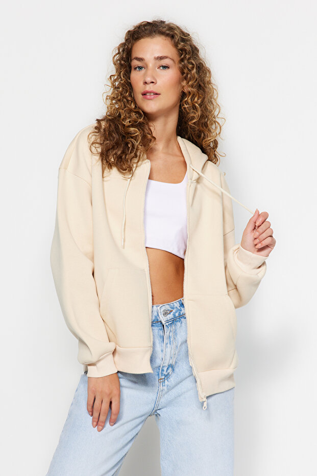 Taş Oversize/Rahat Kesim Basic Kapuşonlu Fermuarlı Kalın İçi Polarlı Örme Sweatshirt TWOAW24SW00188 - 1