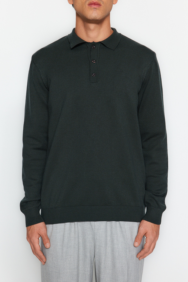 Koyu Yeşil Regular Fit Polo Yaka Basic Triko Kazak TMNAW24KZ00067 - 3