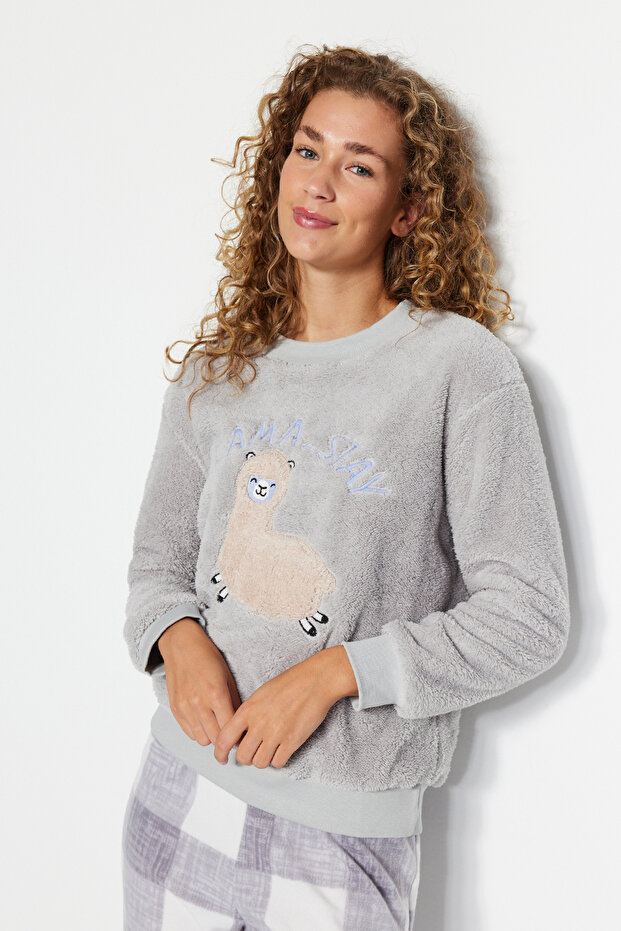 Gri Wellsoft Lama Desenli Kışlık Örme Pijama Takımı THMAW24PT00029 - 5