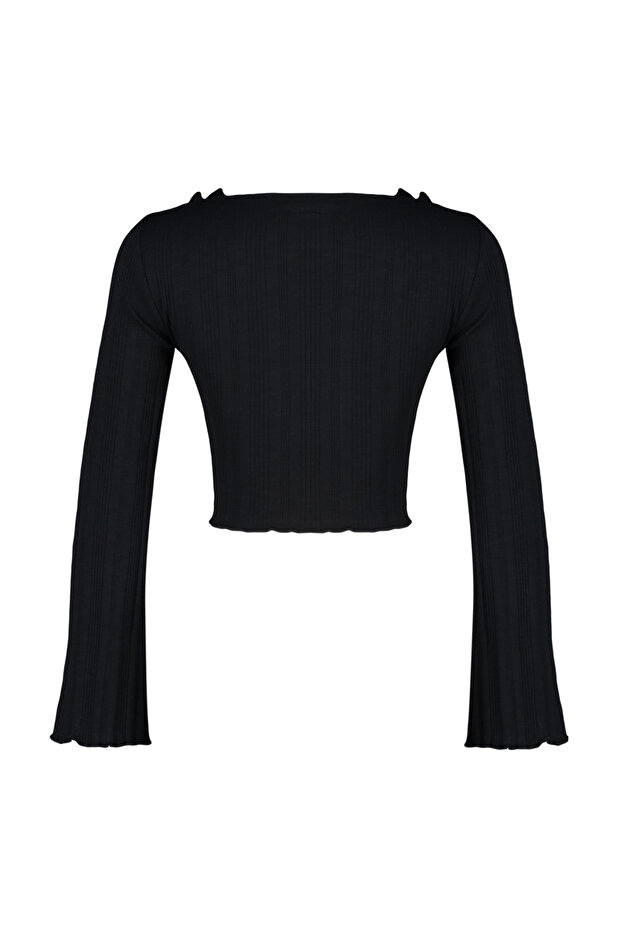 Siyah Fırfır Detaylı Önden Bağlamalı Fitilli Esnek Crop Örme Bluz TWOAW24BZ00109 - 8