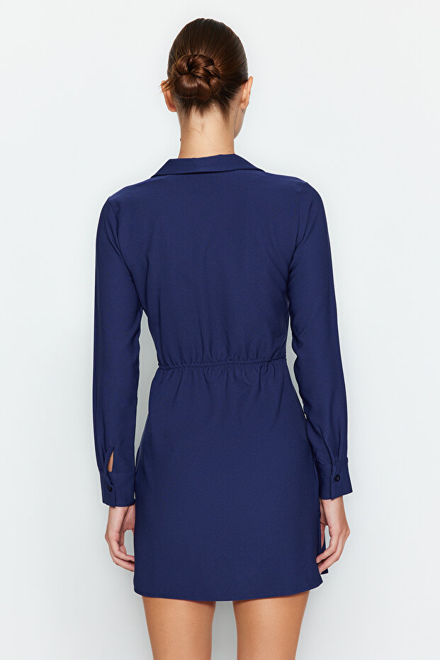 Lacivert Kruvaze Mini Drape Detaylı Dokuma Elbise TWOAW24EL00737 - 6