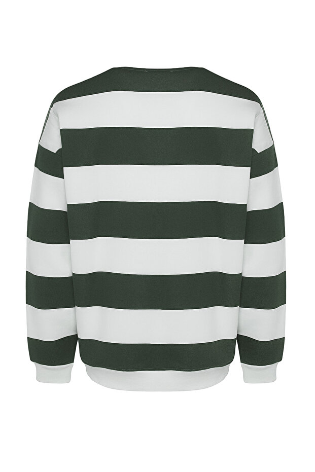 Yeşil Unisex Oversize/Geniş Kesim Çizgili İçi Polar/Sıcak Tutan Pamuk Sweatshirt TMNAW24SW00098 - 8