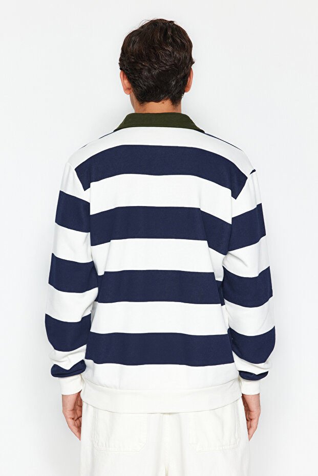 Lacivert Regular/Normal Kesim Polo Yaka Çizgili İçi Polar/Sıcak Tutan Sweatshirt TMNAW24SW00240 - 6