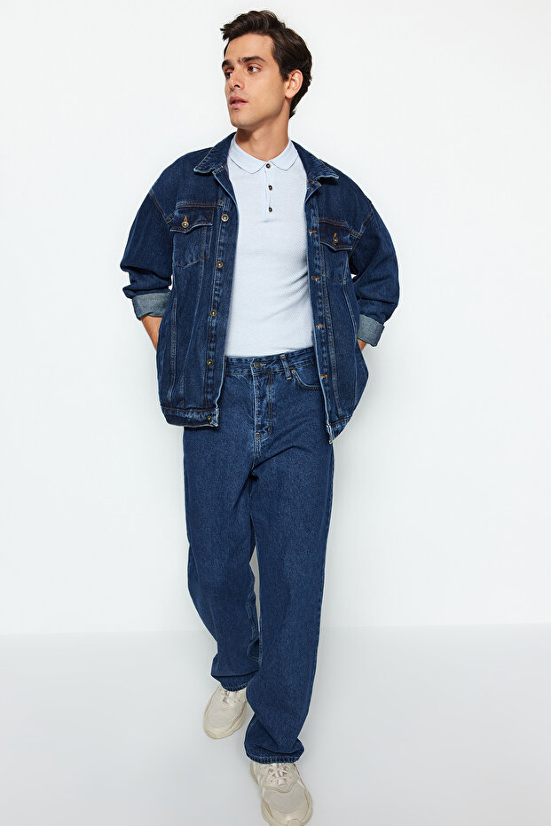Lacivert %100 Pamuk Baggy Fit Jeans Bol Kot Pantolon TMNAW24JE00027 - 3