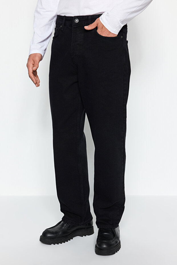 Siyah Smoke %100 Pamuk Baggy Fit Jeans Bol Kot Pantolon TMNAW24JE00027 - 5