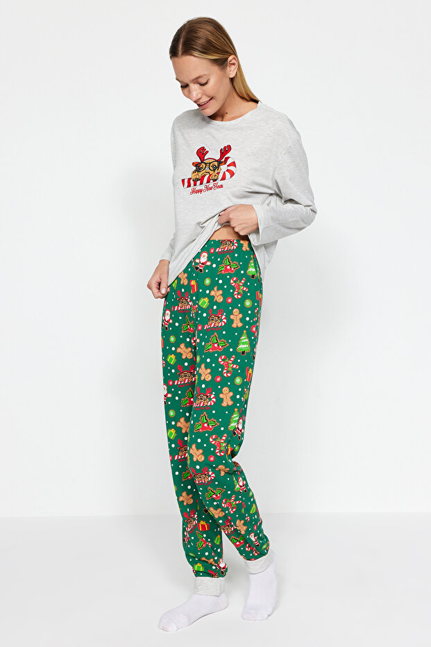 Gri Melanj %100 Pamuklu Yılbaşı Temalı Örme Pijama Takımı THMAW24PT00058