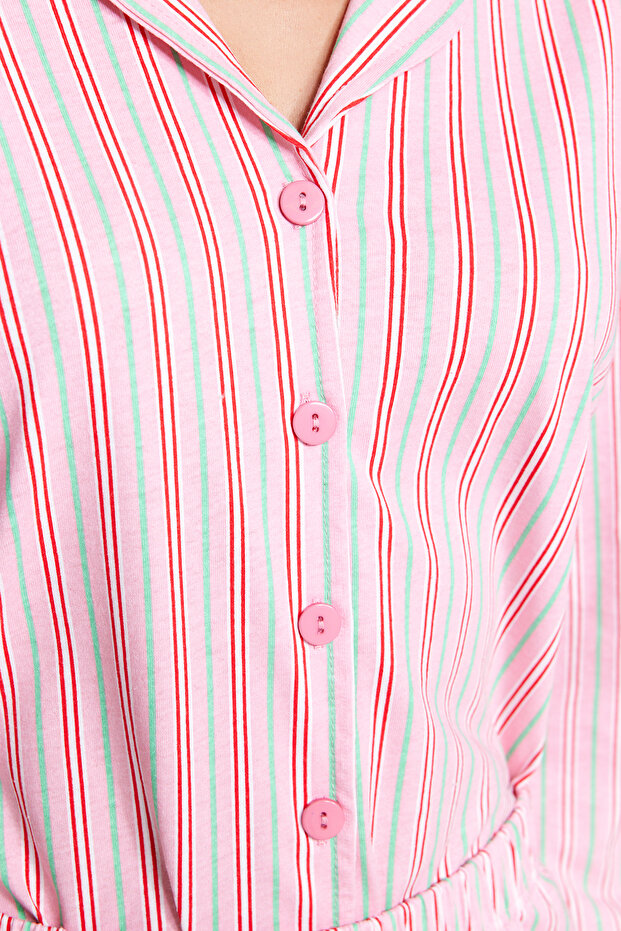 Pembe %100 Pamuklu Çizgili Gömlek-Pantolon Örme Pijama Takımı THMAW24PT00144 - 5