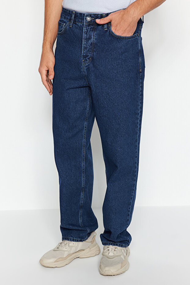 Lacivert %100 Pamuk Baggy Fit Jeans Bol Kot Pantolon TMNAW24JE00027 - 1