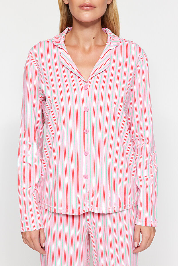 Pembe %100 Pamuklu Çizgili Gömlek-Pantolon Örme Pijama Takımı THMAW24PT00144 - 4