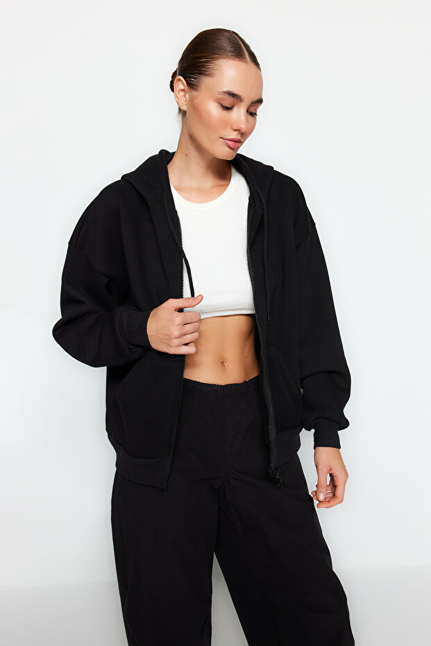 Siyah Oversize/Rahat Kesim Basic Kapuşonlu Kalın İçi Polarlı Örme Sweatshirt TWOAW24SW00188 - 3