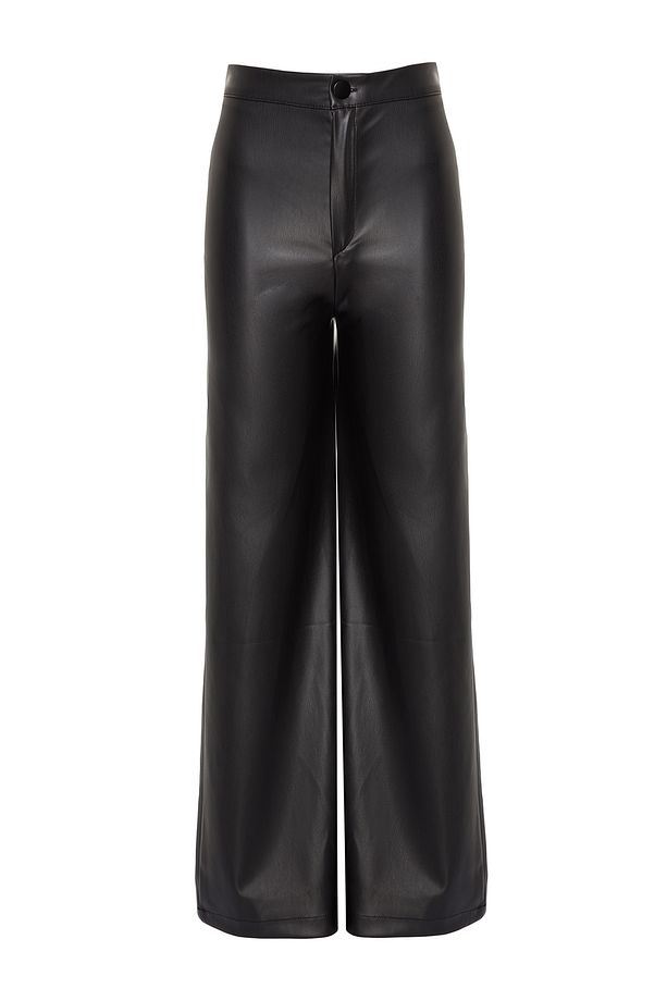 Siyah Suni Deri Wide Leg Cep Detaylı Örme Pantolon TWOAW24PL00103 - 7