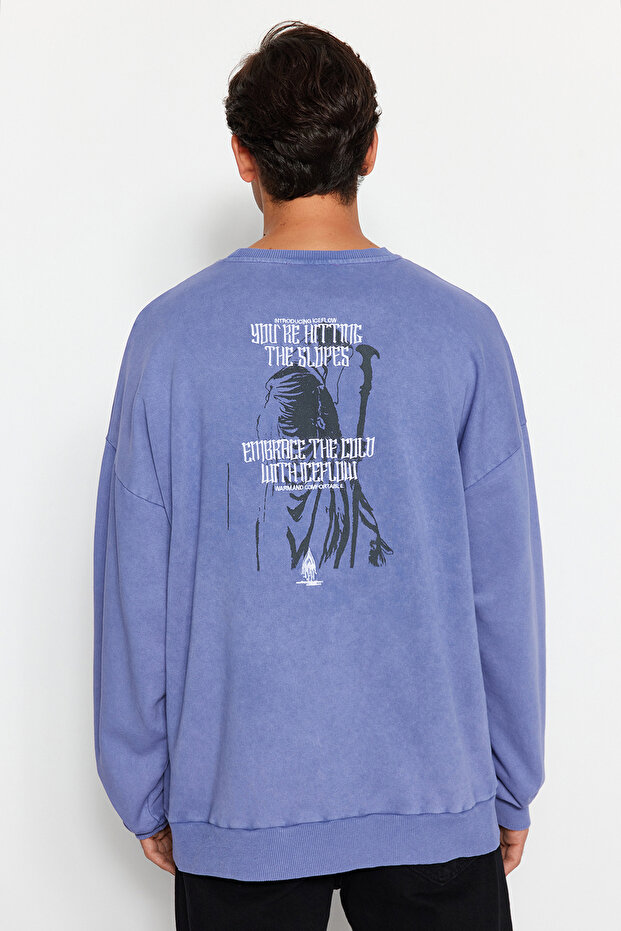 Lila Unisex Oversize/Geniş Kesim %100 Pamuk Eskitme/Soluk Efektli Mistik Sweatshirt TMNAW24SW00189 - 6