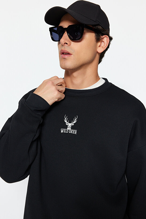 Siyah Oversize/Geniş Kesim Uzun Kol Hayvan Nakışlı Sweatshirt TMNAW24SW00169 - 2
