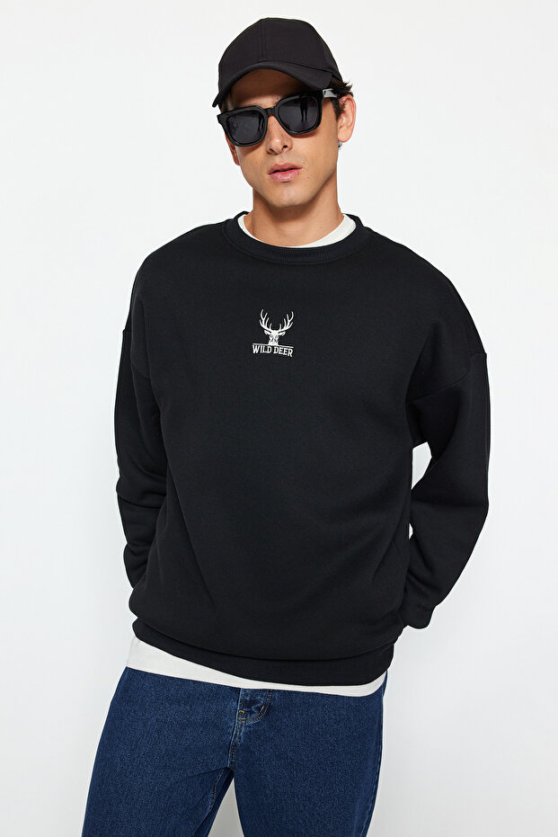 Siyah Oversize/Geniş Kesim Uzun Kol Hayvan Nakışlı Sweatshirt TMNAW24SW00169 - 3