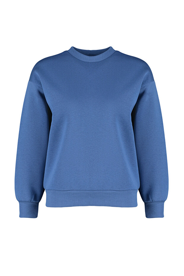Indigo Kalın İçi Polarlı Regular/Normal Kalıp Bisiklet Yaka Basic Örme Sweatshirt TWOAW24SW00101 - 8