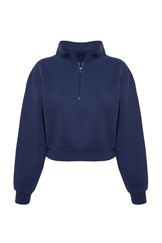 Lacivert Rahat Kesim Crop Basic Fermuarlı Dik Yaka Kalın İçi Polarlı Örme Sweatshirt TWOAW24SW00221 - 7