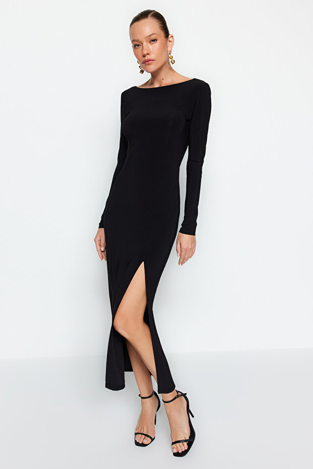 Siyah Kayık Yaka Sırt Dekolteli Yırtmaçlı Fitted/Vücuda Oturan Maxi Esnek Örme Elbise TWOAW24EL00824 - 2