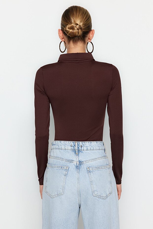 Brown Zipper Collar Detailed Flexible Knitted Body with Snaps from the Bottom TWOAW24BD00005 - 6