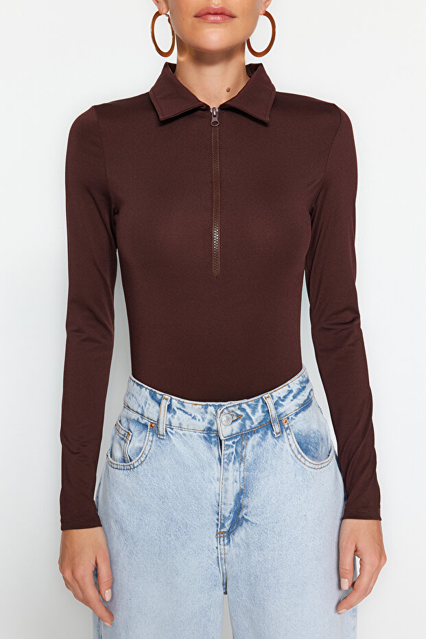 Brown Zipper Collar Detailed Flexible Knitted Body with Snaps from the Bottom TWOAW24BD00005 - 4