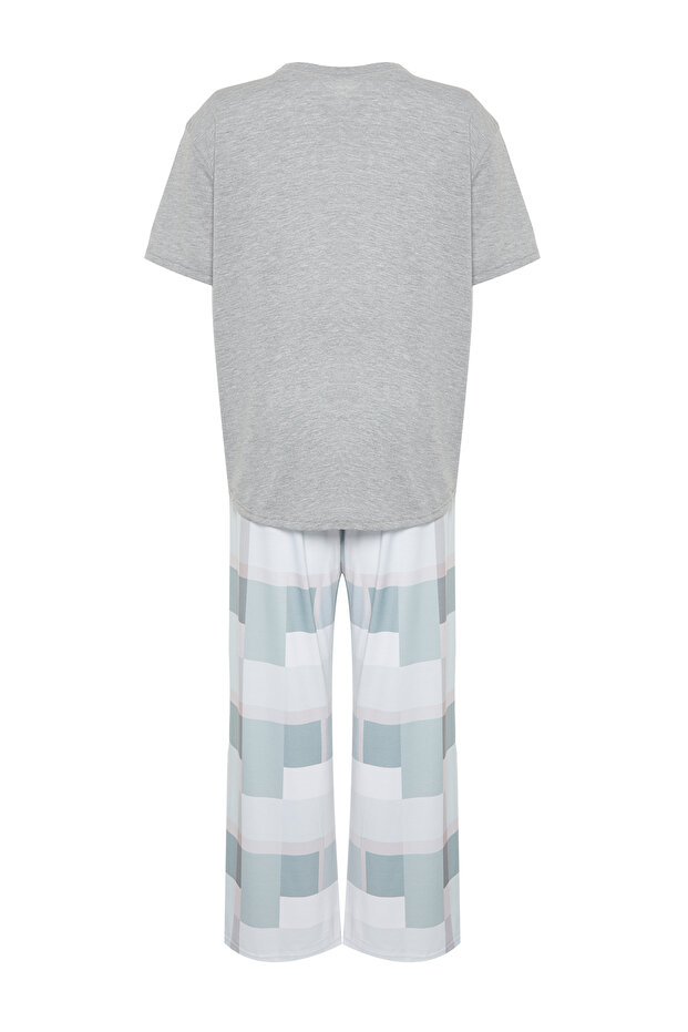 Szary komplet piżam z dzianiny w kratkę TBBAW24AI00020 - 8