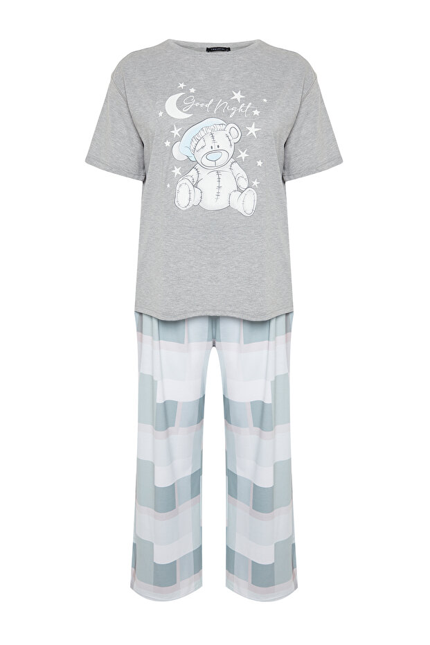 Szary komplet piżam z dzianiny w kratkę TBBAW24AI00020 - 7