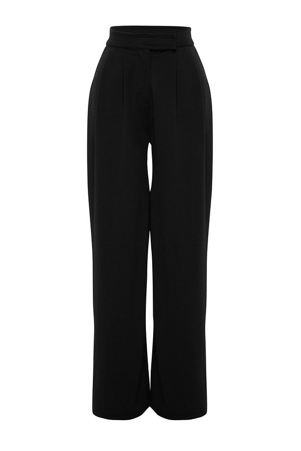 Siyah Cırt Cırt Kapamalı Yüksek Bel Pileli Wide Leg/Geniş Kesim Örme Pantolon TWOAW24PL00177 - 6